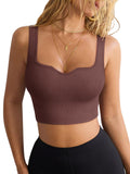 OSTAUG Womens Workout Crop Top Low Medium Impact Sexy Sports Bras V Neck Running Yoga Bra Activewear Going Out Tops(Burnt Tea Large)