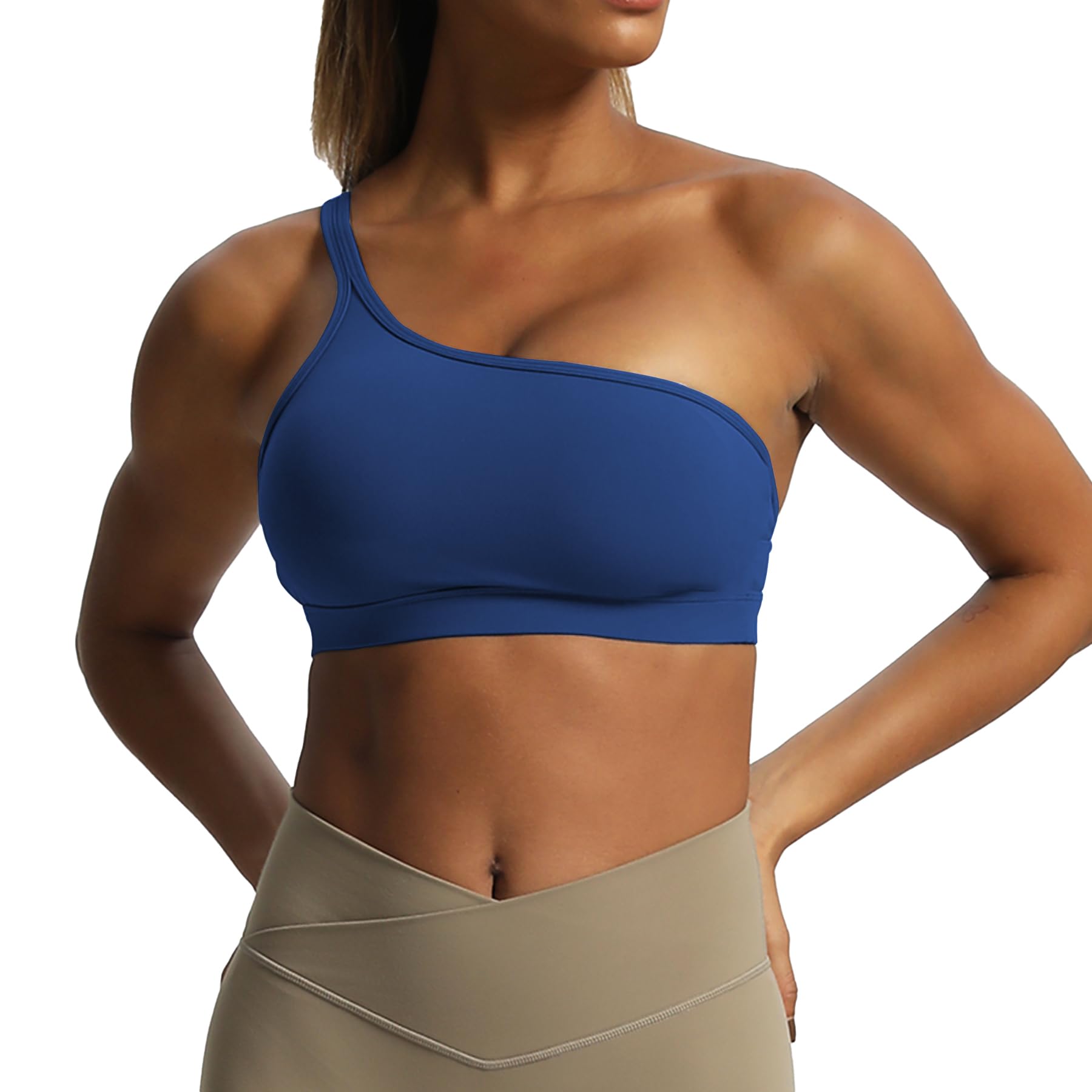 Aoxjox Womens Workout Sports Bras One Shoulder Astoria Asymmetrical Bra Fitness Training Gym Yoga Crop Tank Top (Bellwether Blue X-Small)